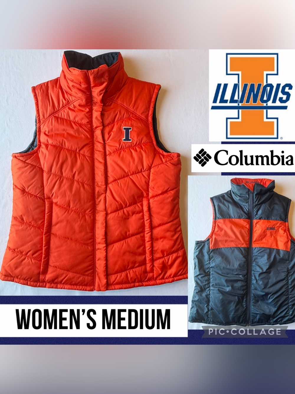 Columbia Womens Vest Illinois Fighting Illini Reversible Orange Blue Zip Size M